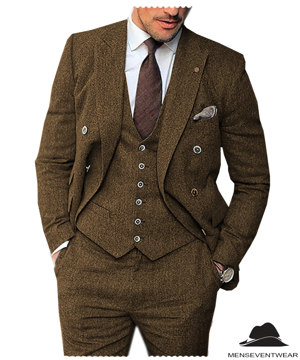 Men's 3 Pieces Mens Suit Classic Herringbone Tweed Notch Lapel Tuxedos (Blazer vest Pants)