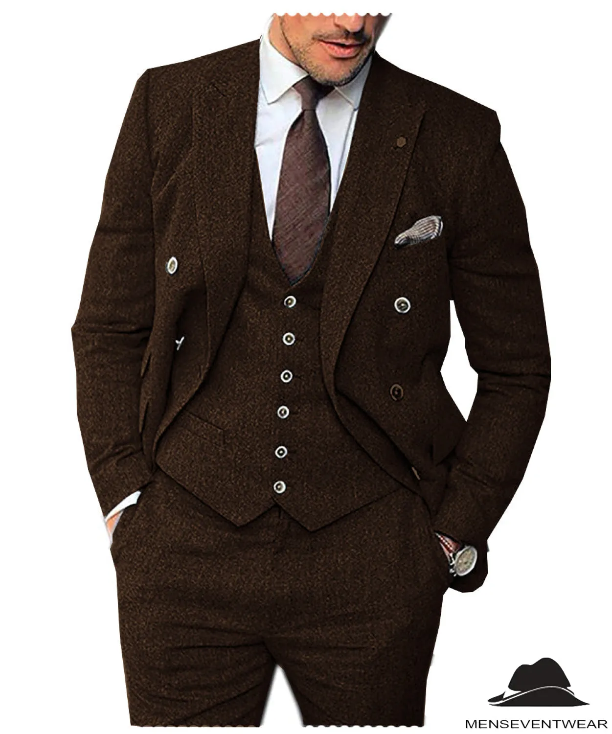 Men's 3 Pieces Mens Suit Classic Herringbone Tweed Notch Lapel Tuxedos (Blazer vest Pants)