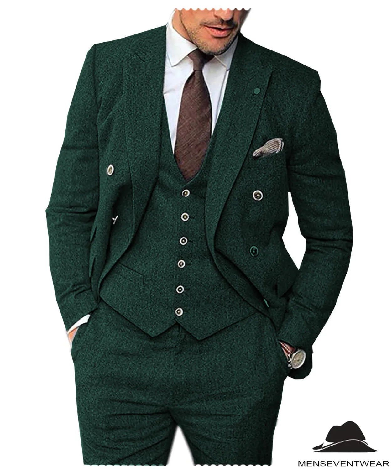 Men's 3 Pieces Mens Suit Classic Herringbone Tweed Notch Lapel Tuxedos (Blazer vest Pants)