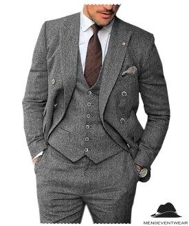 Men's 3 Pieces Mens Suit Classic Herringbone Tweed Notch Lapel Tuxedos (Blazer vest Pants)