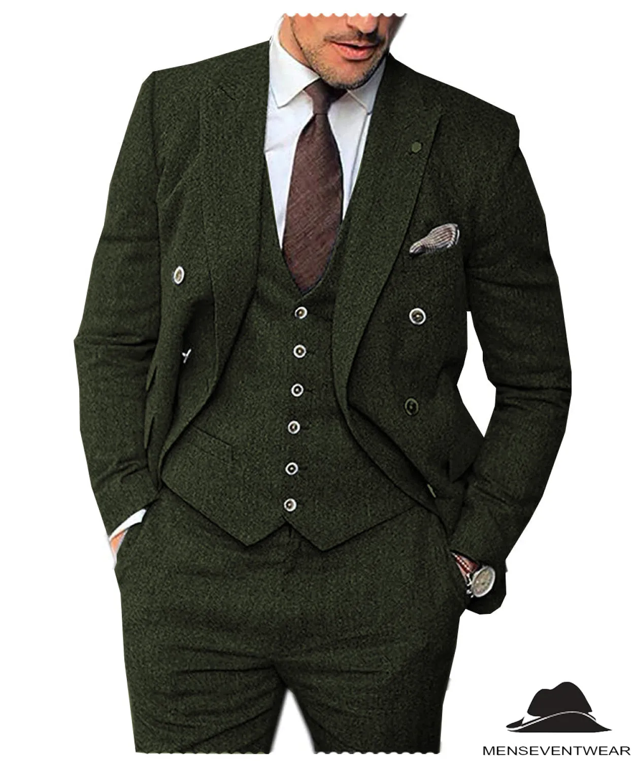 Men's 3 Pieces Mens Suit Classic Herringbone Tweed Notch Lapel Tuxedos (Blazer vest Pants)