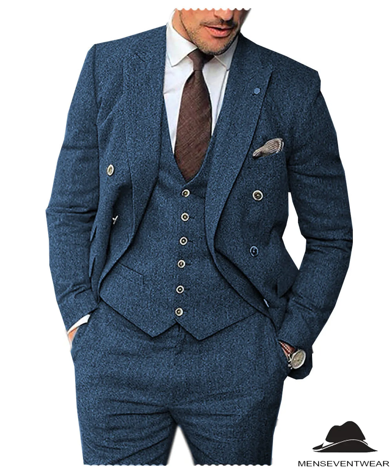 Men's 3 Pieces Mens Suit Classic Herringbone Tweed Notch Lapel Tuxedos (Blazer vest Pants)