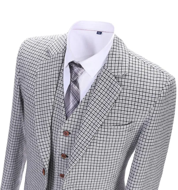 Men's Business 3 Pieces Formal Houndstooth Solid Notch Lapel Suit (Blazer vest Pants)