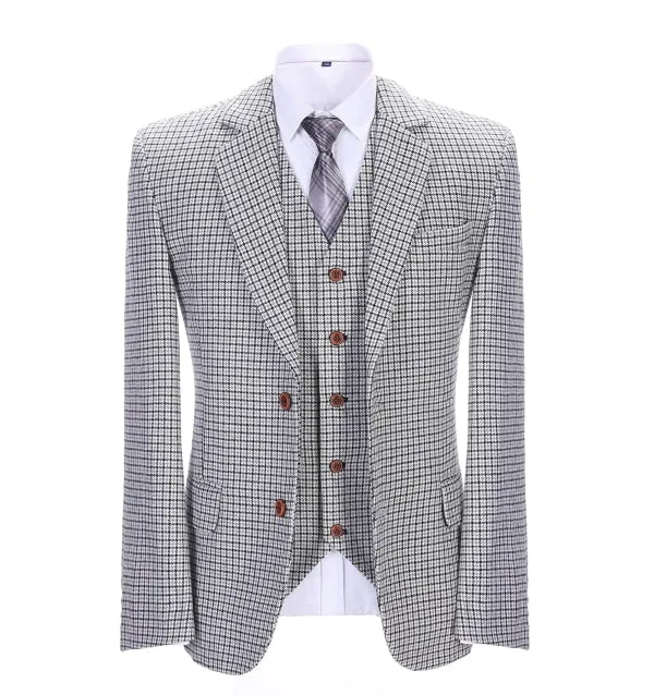 Men's Business 3 Pieces Formal Houndstooth Solid Notch Lapel Suit (Blazer vest Pants)