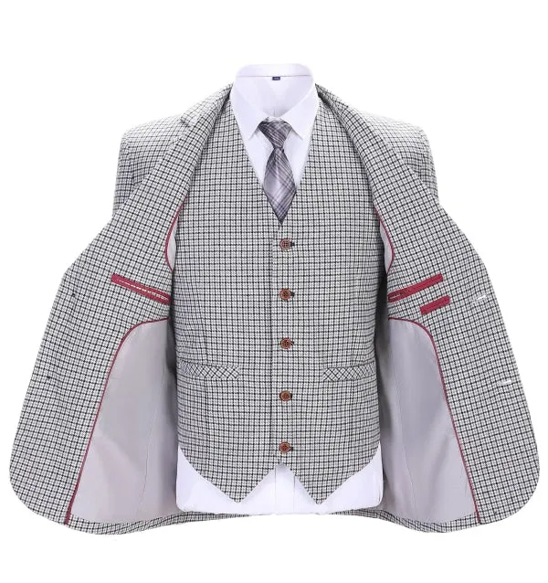 Men's Business 3 Pieces Formal Houndstooth Solid Notch Lapel Suit (Blazer vest Pants)