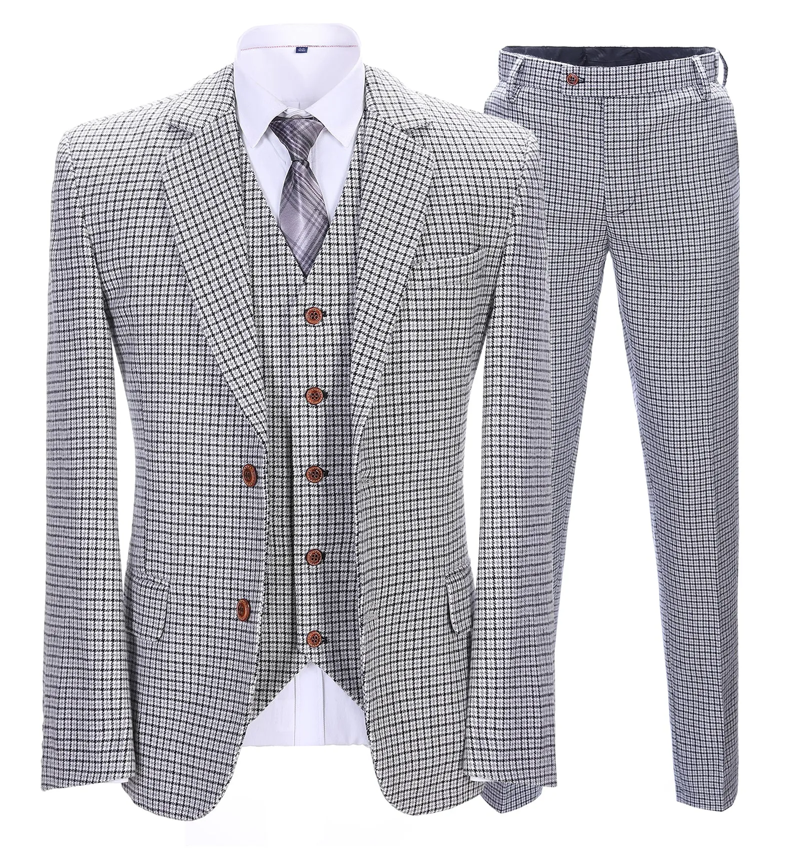 Men's Business 3 Pieces Formal Houndstooth Solid Notch Lapel Suit (Blazer vest Pants)