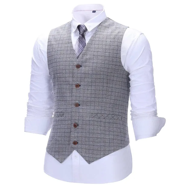 Men's Business 3 Pieces Formal White Plaid Solid Notch Lapel Suit (Blazer vest Pants)
