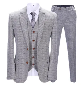 Men's Business 3 Pieces Formal White Plaid Solid Notch Lapel Suit (Blazer vest Pants)