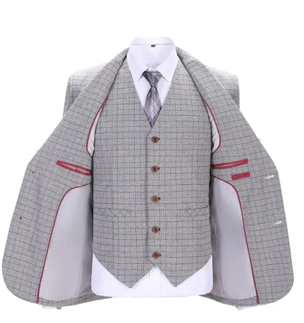 Men's Business 3 Pieces Formal White Plaid Solid Notch Lapel Suit (Blazer vest Pants)