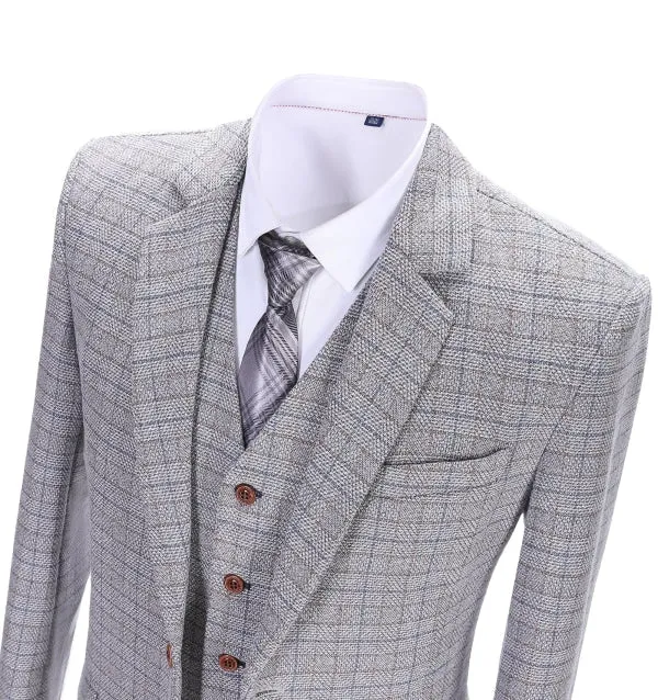 Men's Business 3 Pieces Formal White Plaid Solid Notch Lapel Suit (Blazer vest Pants)