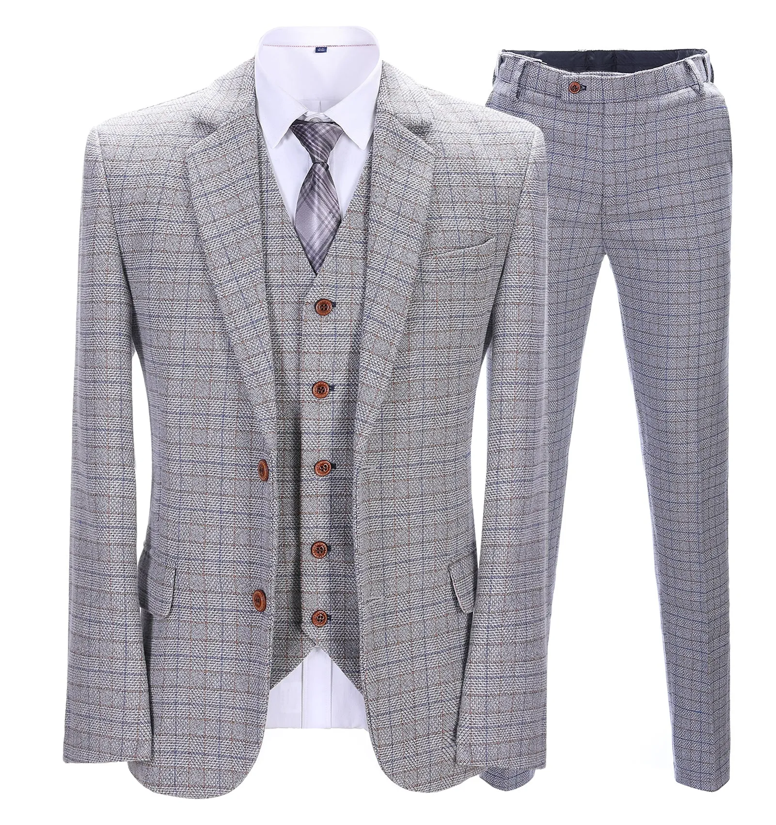Men's Business 3 Pieces Formal White Plaid Solid Notch Lapel Suit (Blazer vest Pants)