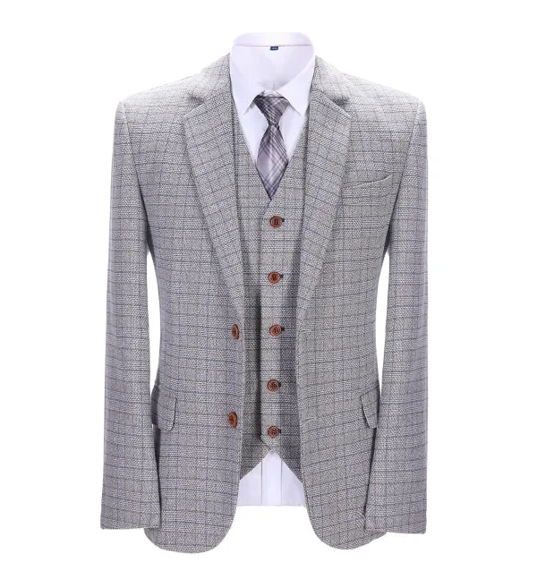 Men's Business 3 Pieces Formal White Plaid Solid Notch Lapel Suit (Blazer vest Pants)