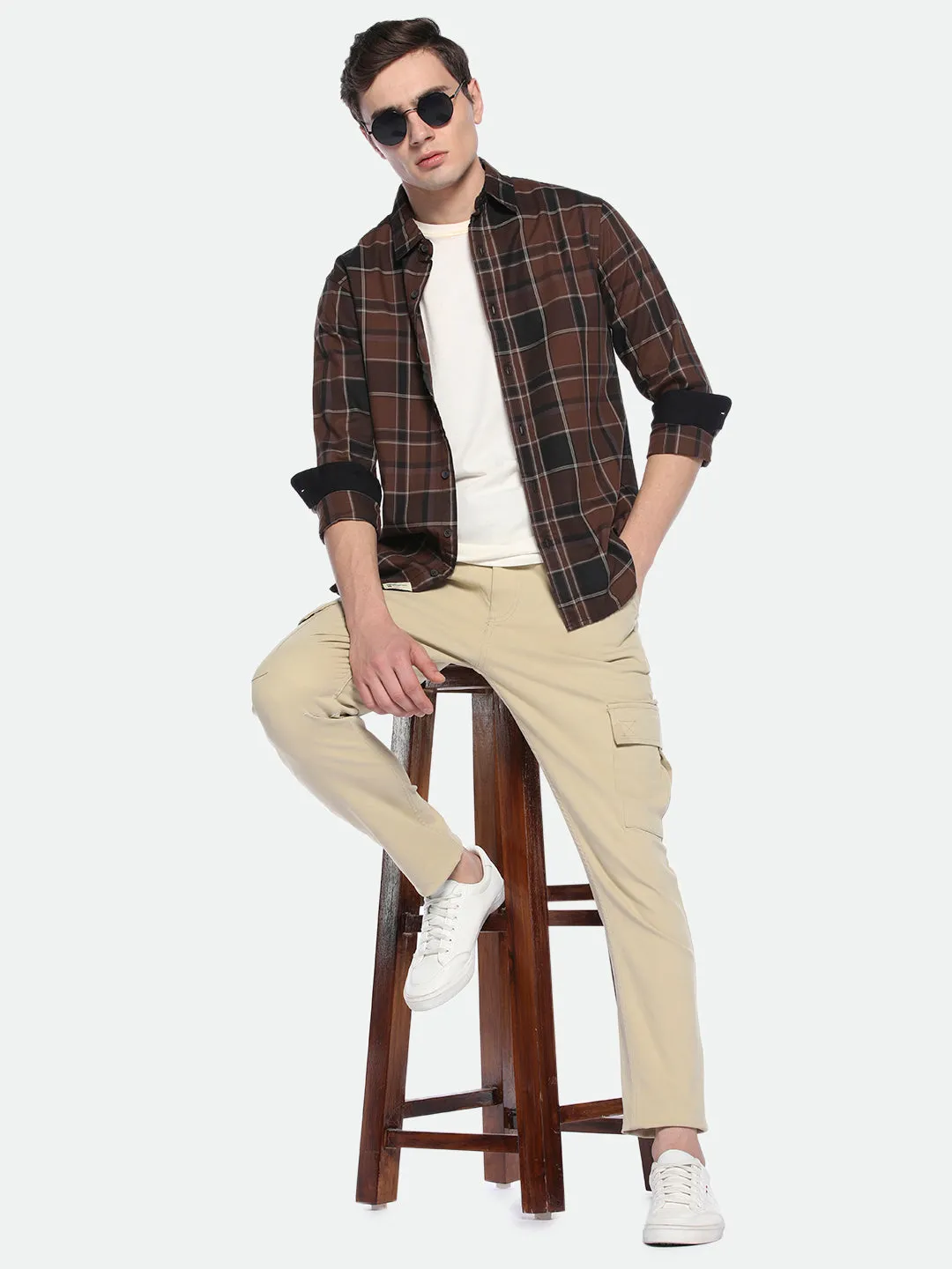 Men's Light Khaki Solid Cargo Trousers
