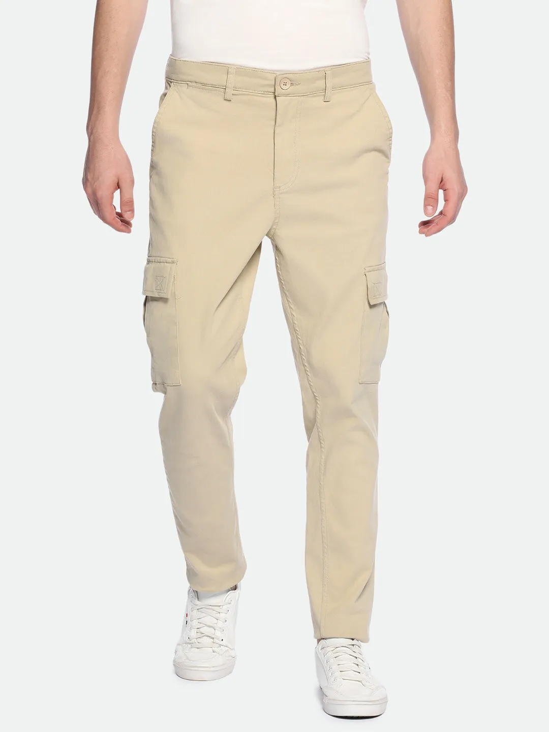 Men's Light Khaki Solid Cargo Trousers