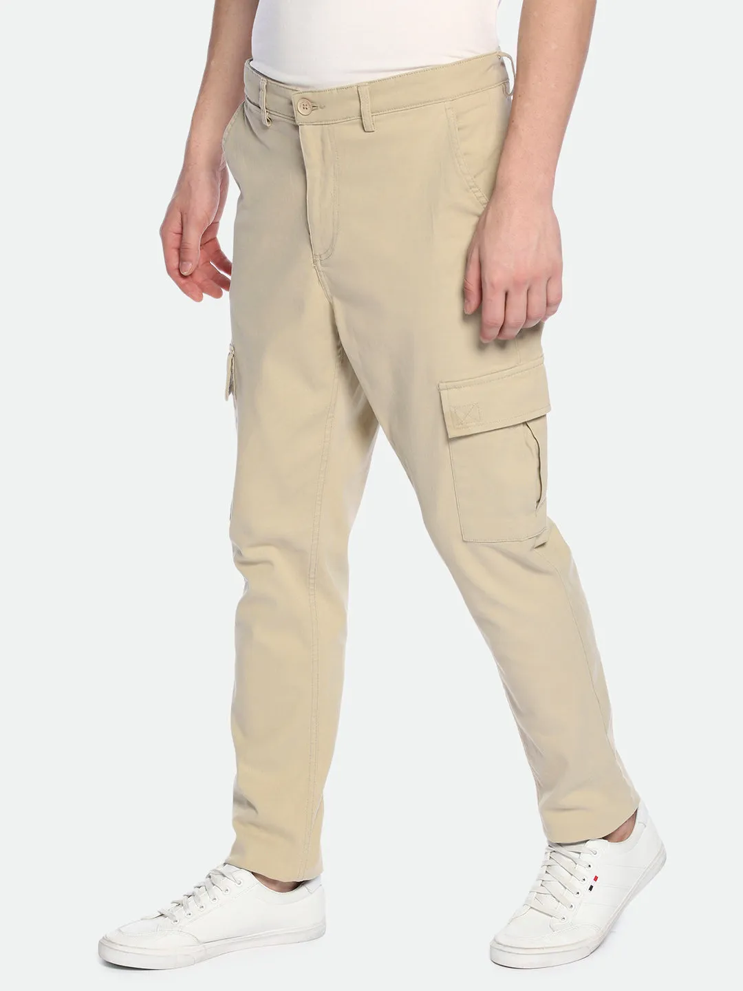 Men's Light Khaki Solid Cargo Trousers