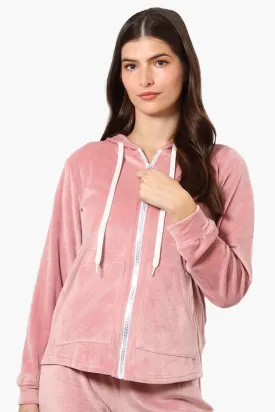 Mikk Hooded Velour Plush Pajama Top - Pink