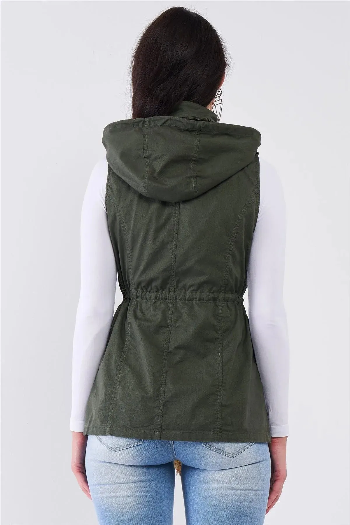 Military Olive Sleeveless Foldable Hood With Detachable Faux Fur Trim Parka Vest /1-3