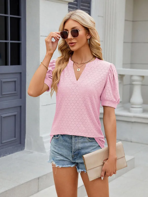 Natasha Women's V-Neck Puff Sleeve Pleated Short-Sleeved Loose T-Shirt