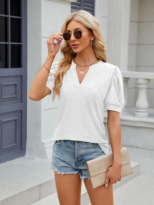 Natasha Women's V-Neck Puff Sleeve Pleated Short-Sleeved Loose T-Shirt