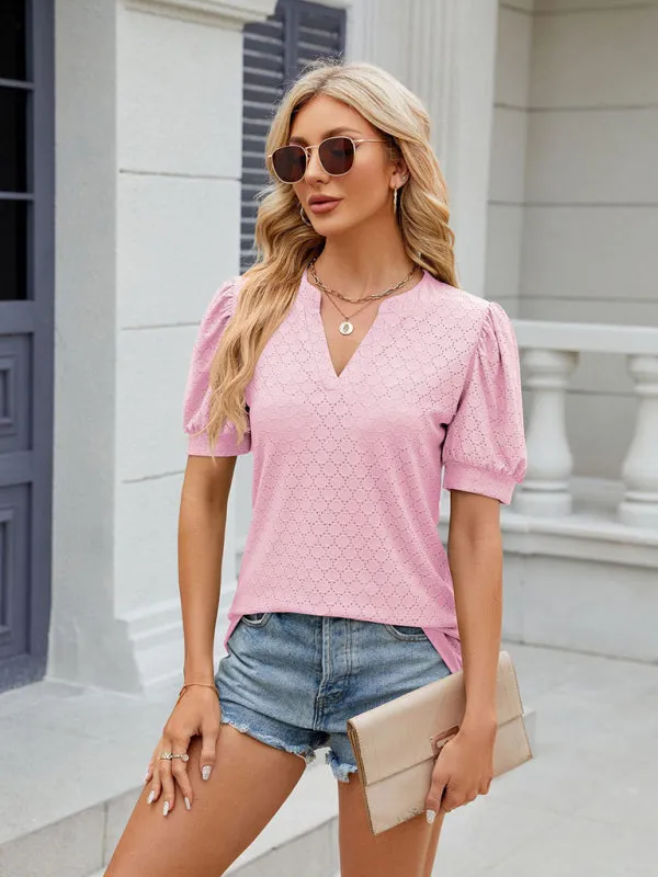 Natasha Women's V-Neck Puff Sleeve Pleated Short-Sleeved Loose T-Shirt