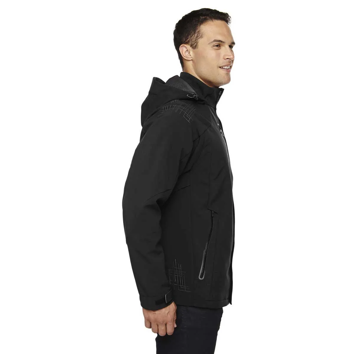 North End Men's Black Axis Soft Shell Jacket with Print Graphic Accents
