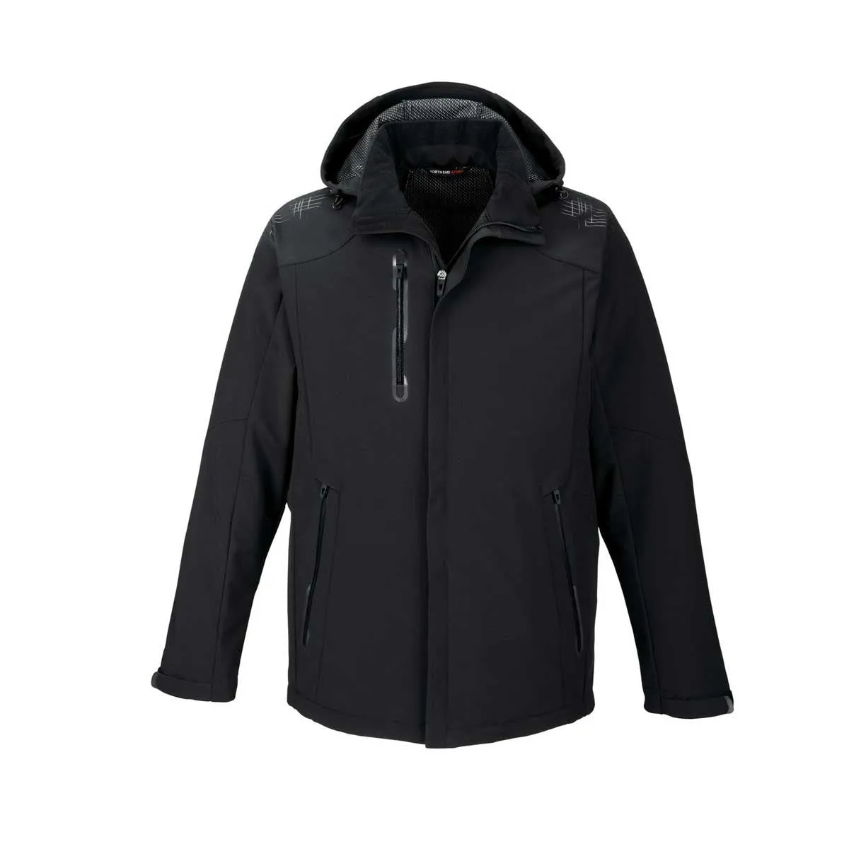 North End Men's Black Axis Soft Shell Jacket with Print Graphic Accents