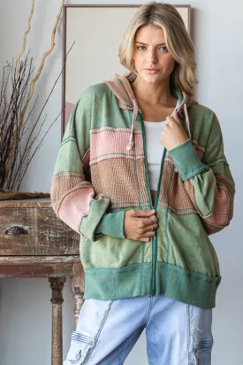 OLI & HALI WASHED COLORBLOCK HOODED SOFT THERMAL JACKET - GREEN