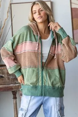 OLI & HALI WASHED COLORBLOCK HOODED SOFT THERMAL JACKET - GREEN