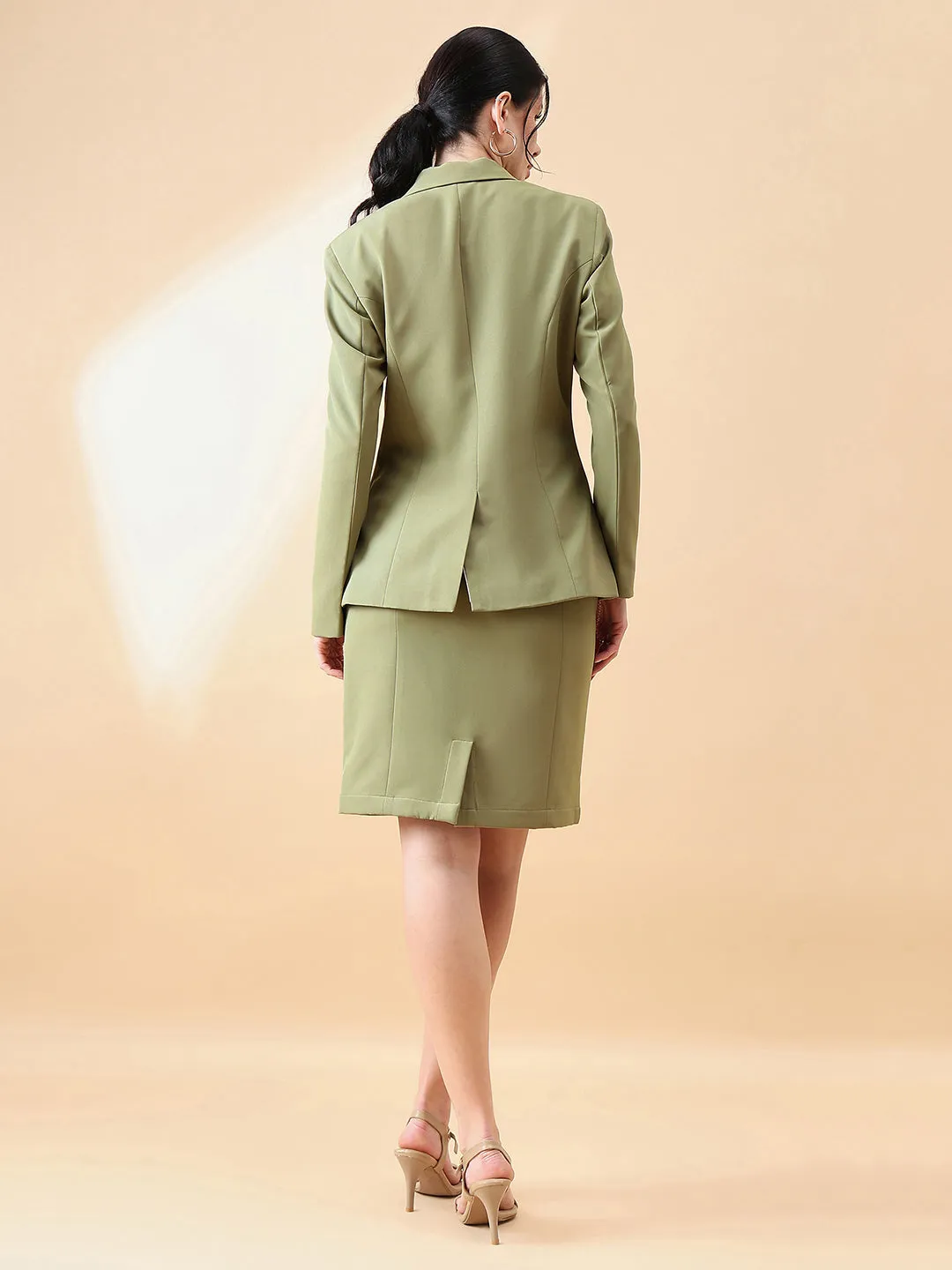 Olive Green Polyester Business Formal Stretch Skirt Suit