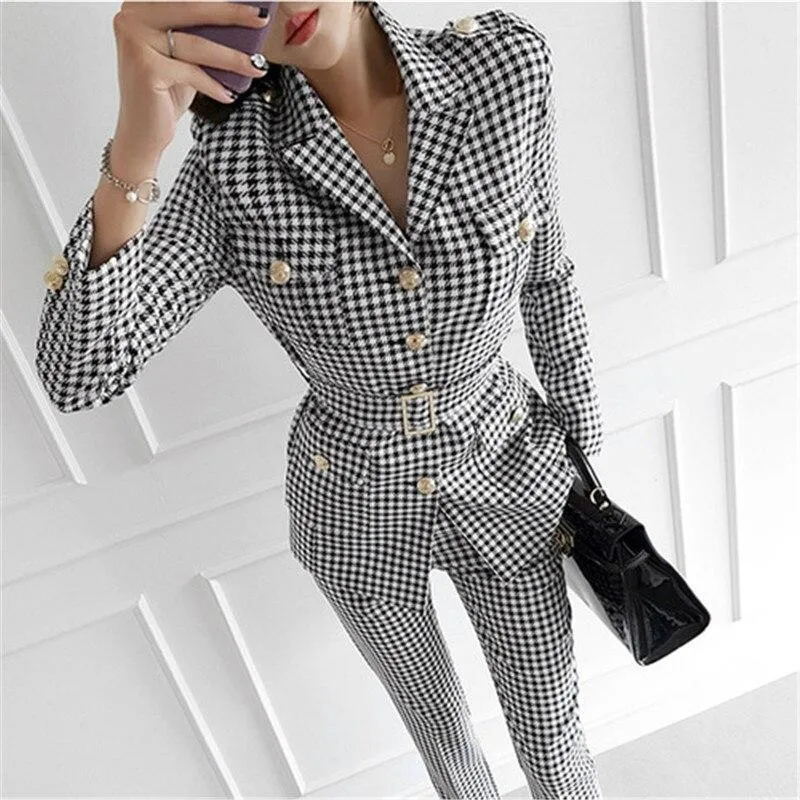 Plaid Women's Pants Suit, Slim Fit
