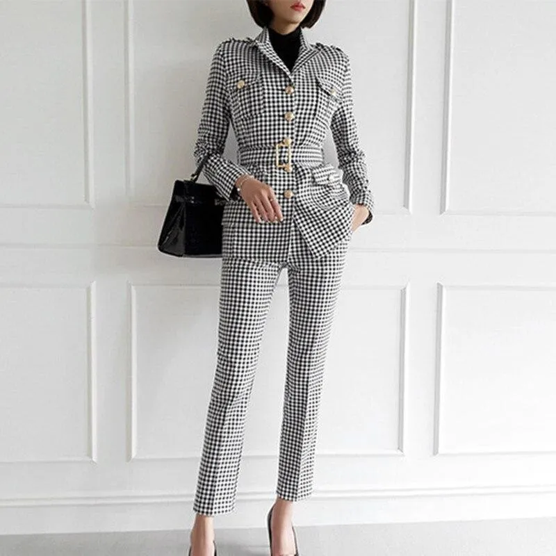 Plaid Women's Pants Suit, Slim Fit