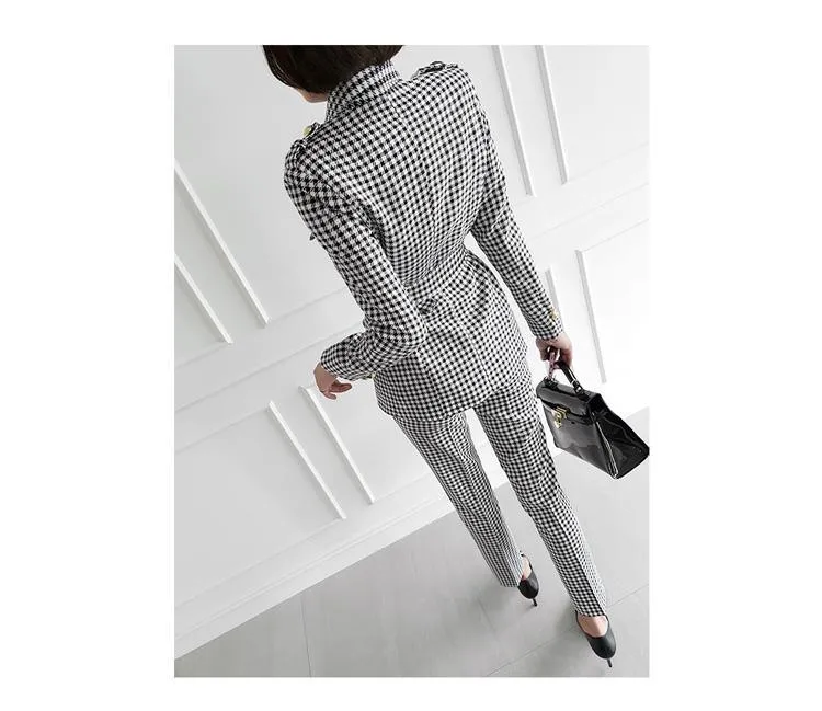 Plaid Women's Pants Suit, Slim Fit