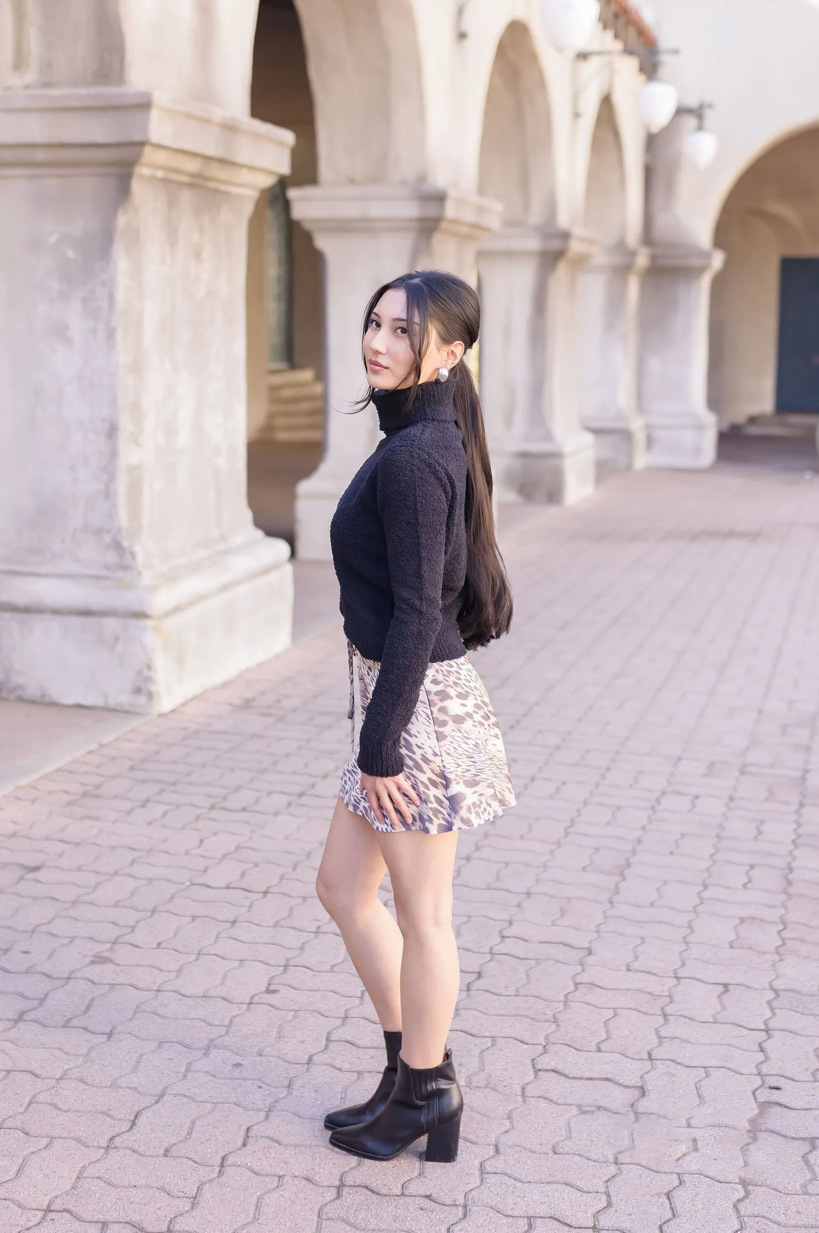 Priscilla Drawstring Satin Leopard Print Mini Skirt Brown