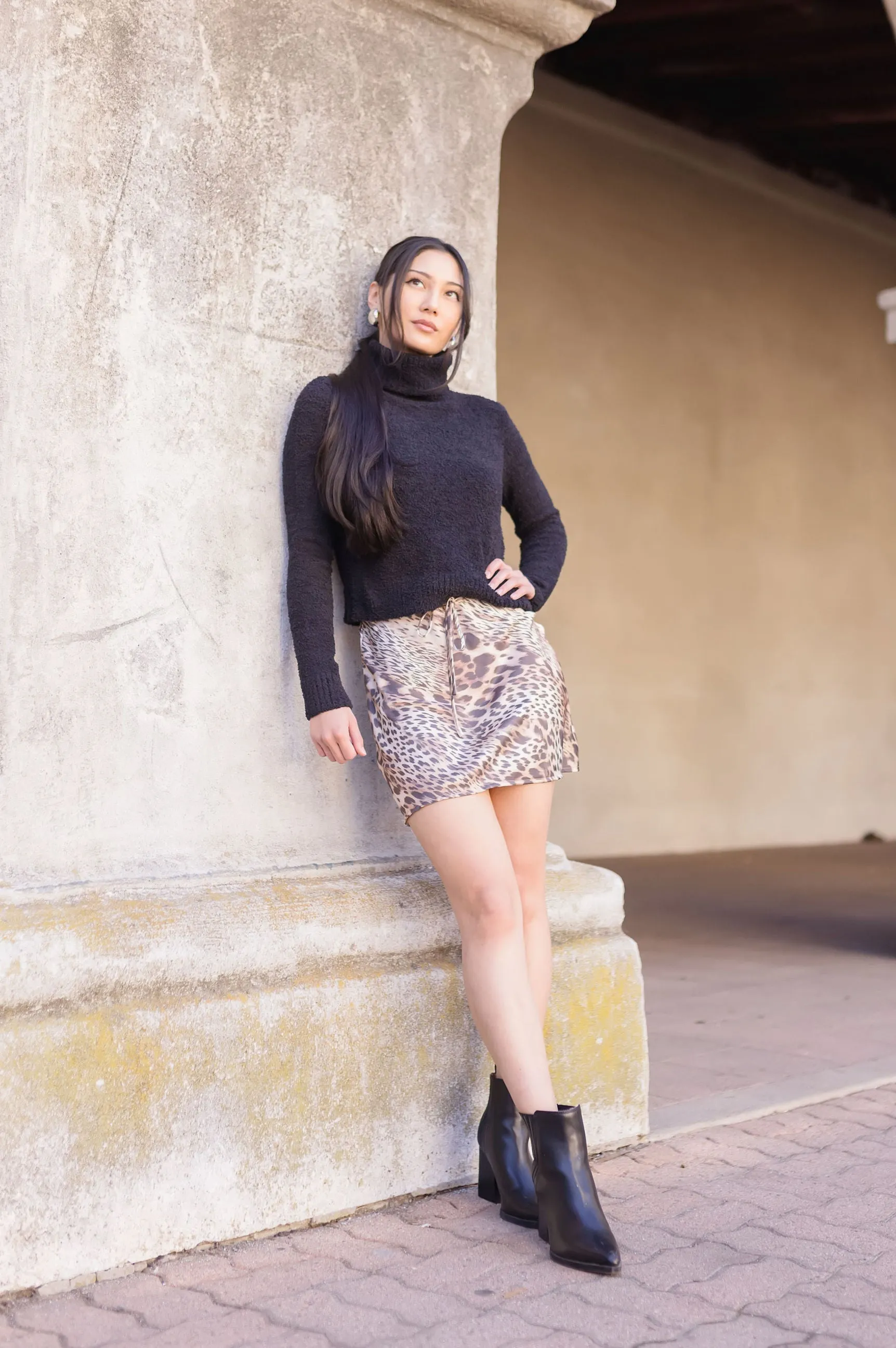 Priscilla Drawstring Satin Leopard Print Mini Skirt Brown
