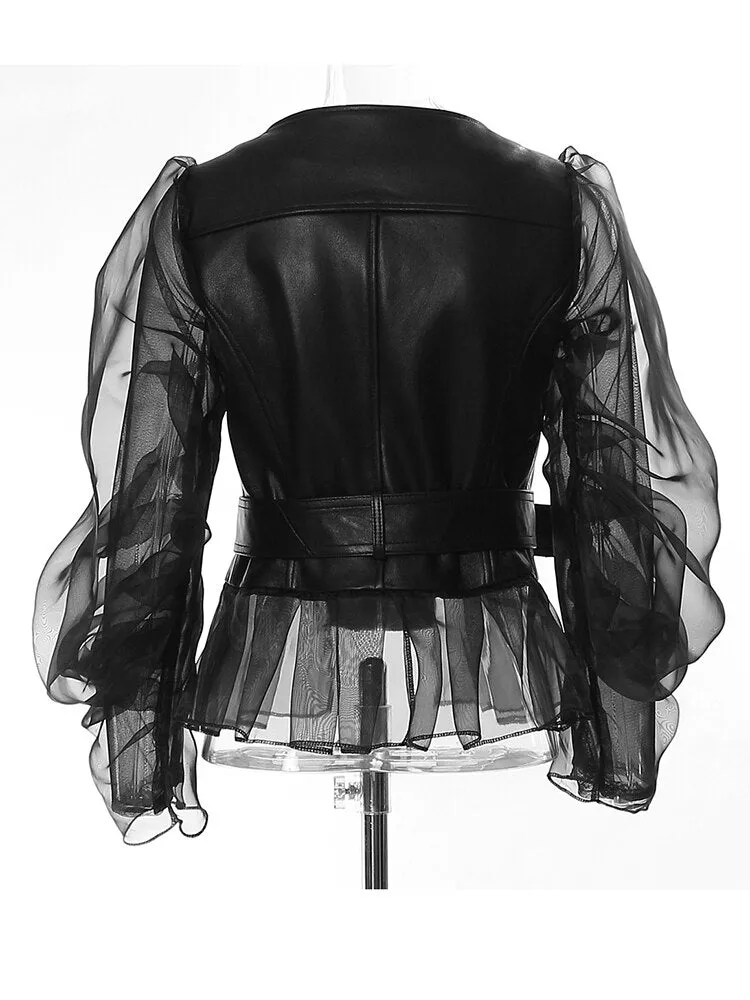 Pu Leather Mesh Sleeves Elegant Jacket