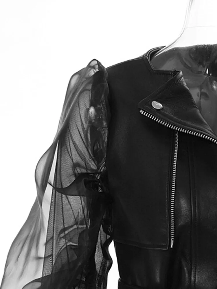 Pu Leather Mesh Sleeves Elegant Jacket