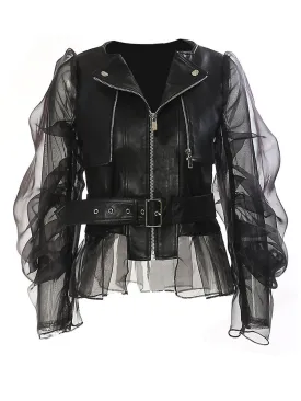 Pu Leather Mesh Sleeves Elegant Jacket