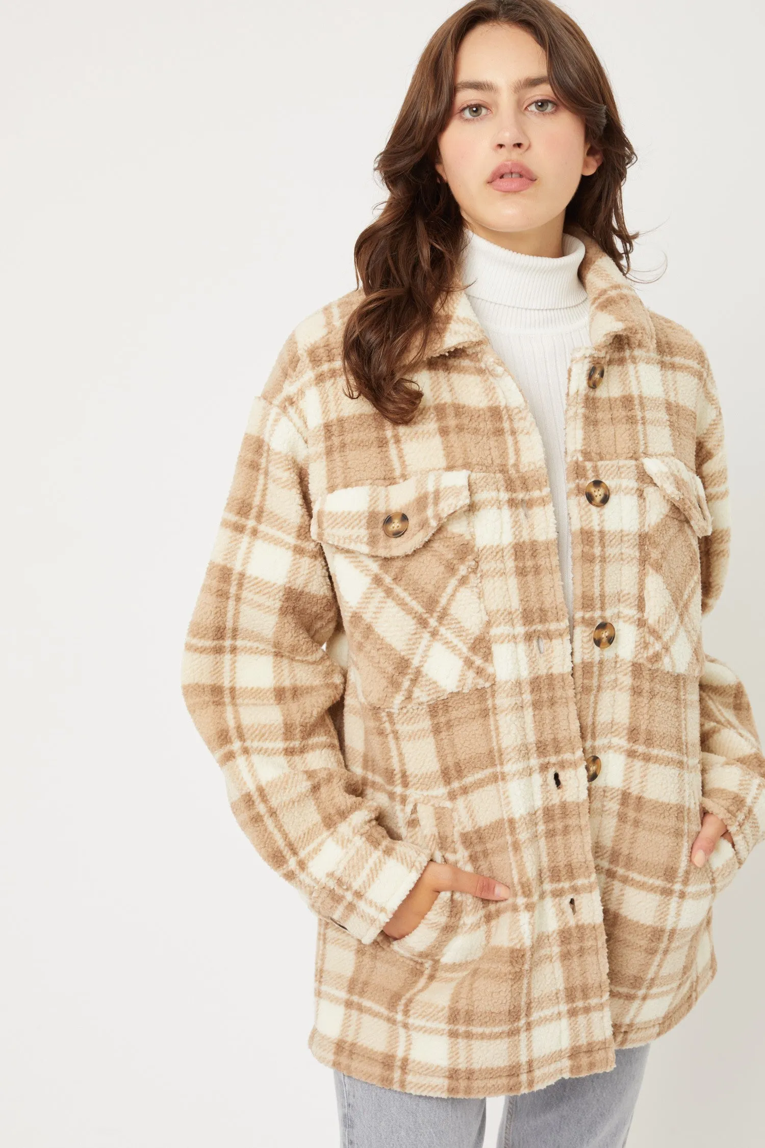 "October Memories" Beige Plaid Sherpa Jacket