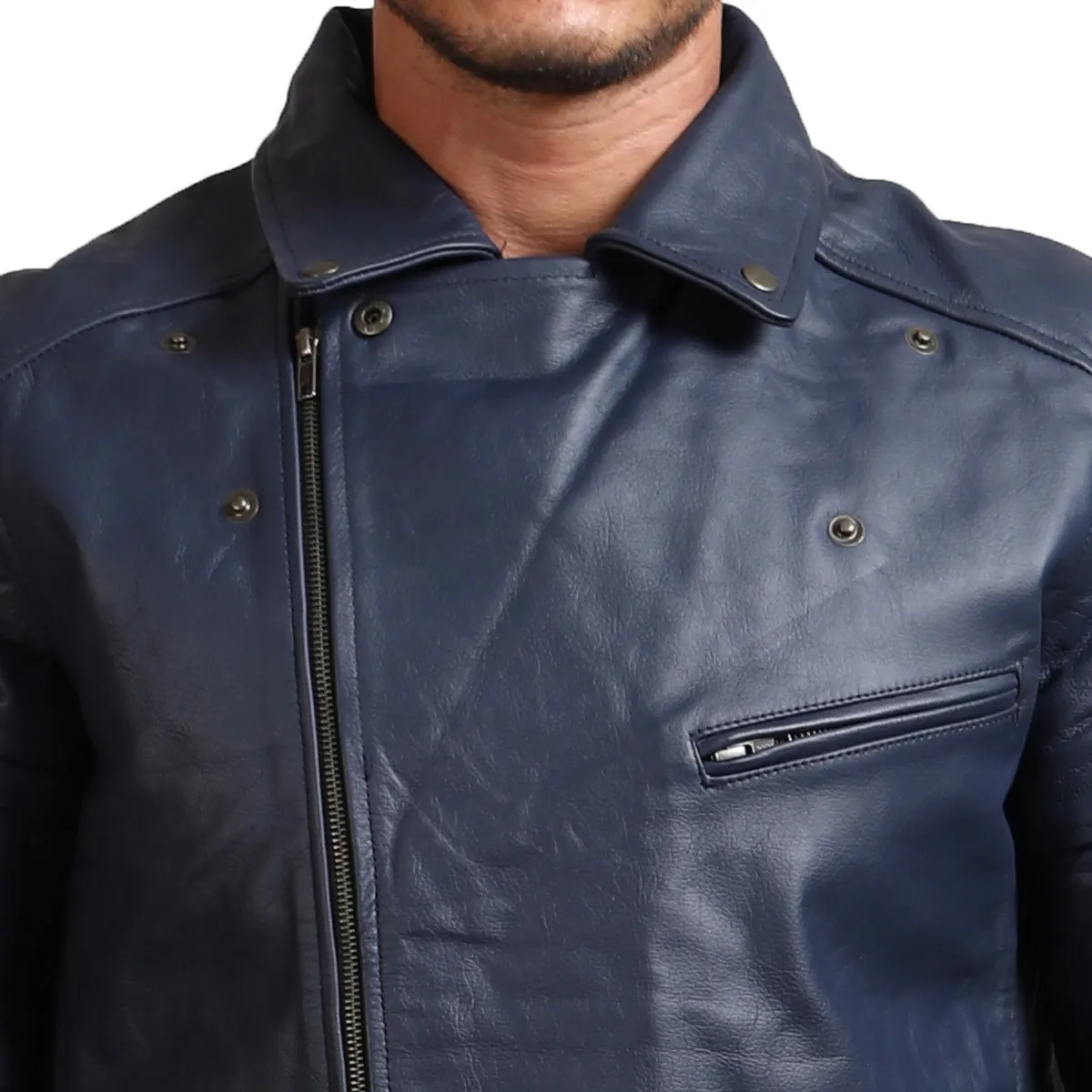 Real Leather Blue Motorcycle Jacket