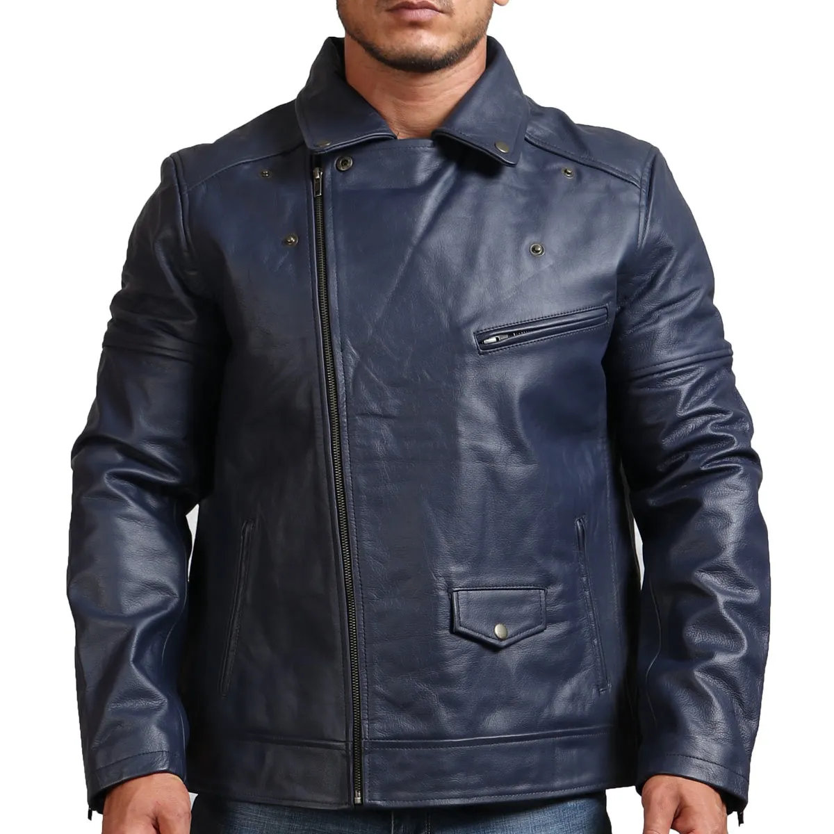 Real Leather Blue Motorcycle Jacket