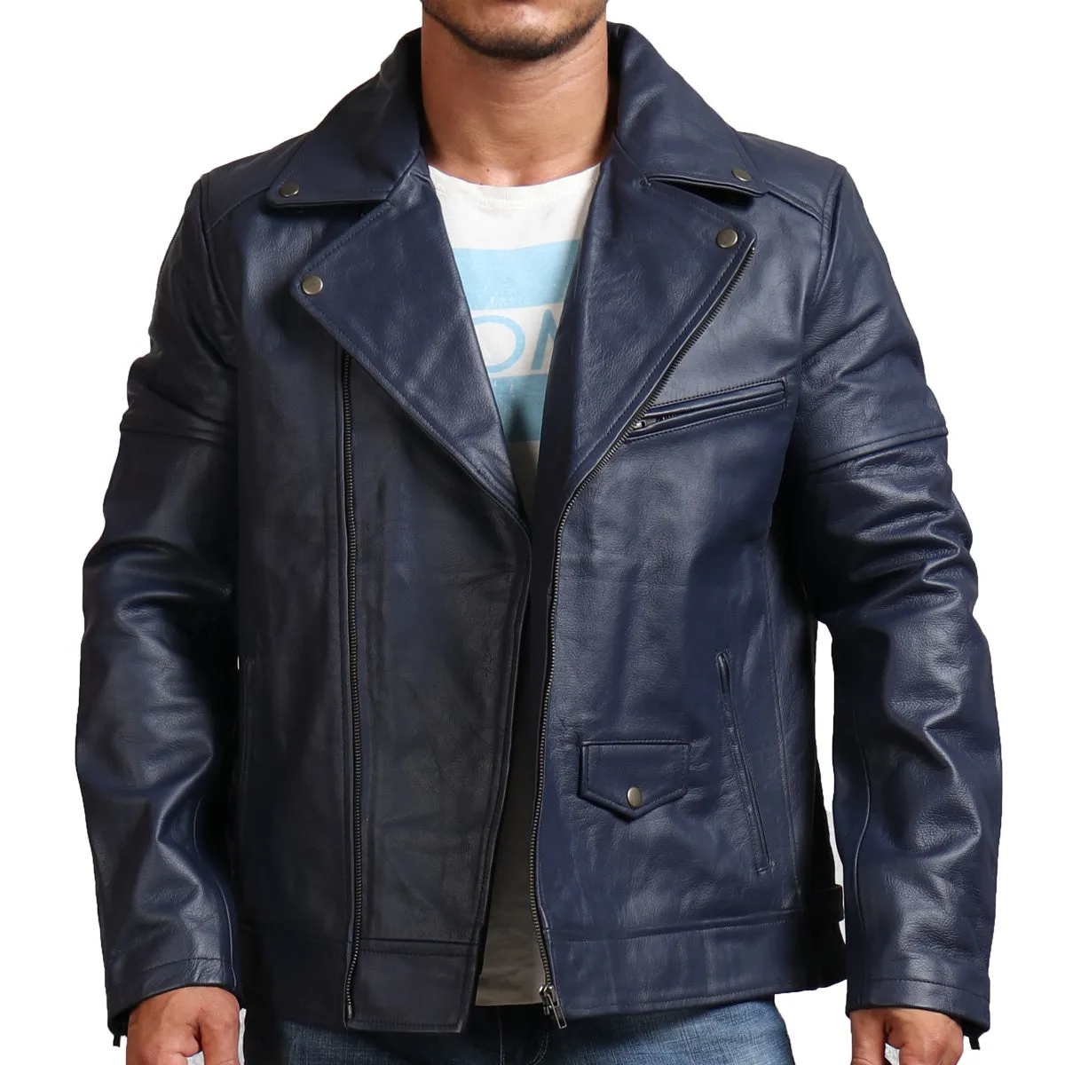 Real Leather Blue Motorcycle Jacket