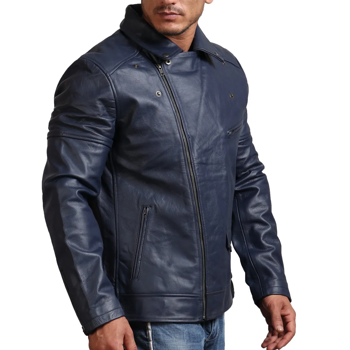 Real Leather Blue Motorcycle Jacket