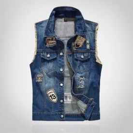 Retro Dark Blue Ripped Denim Vest