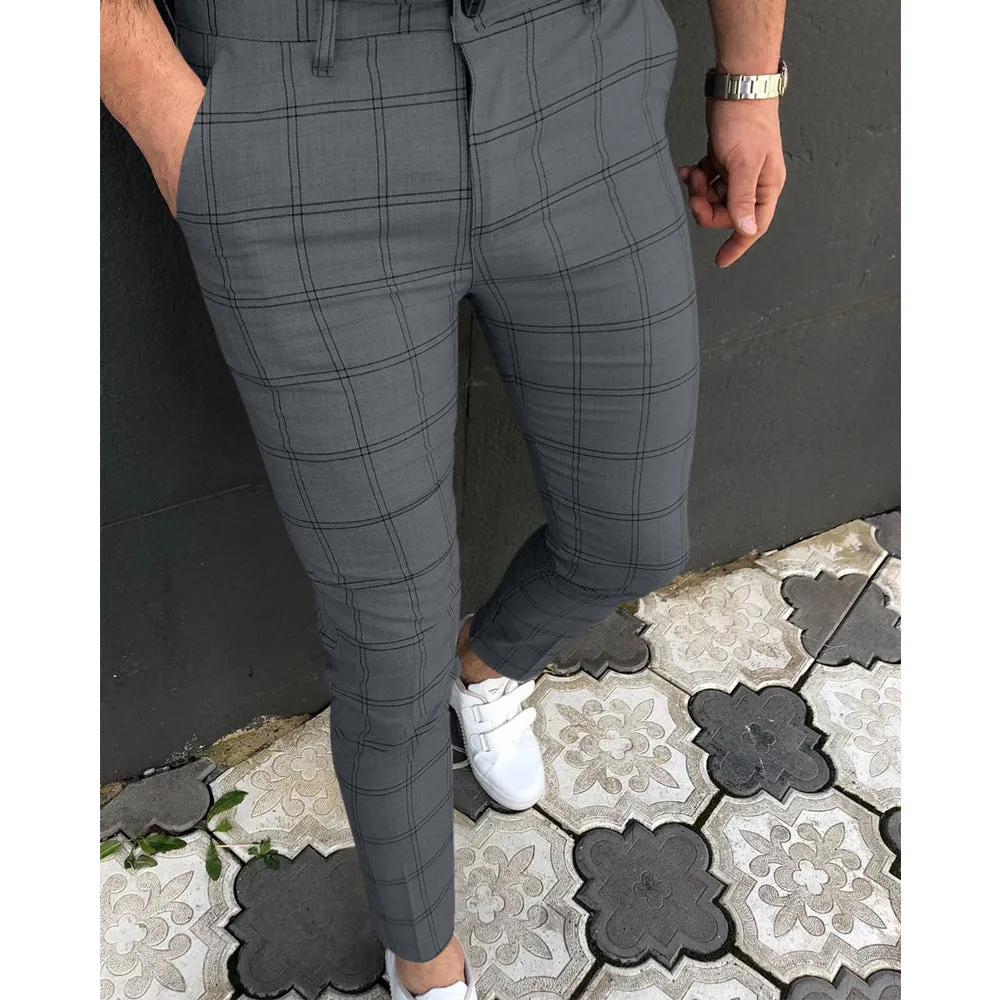 Summer Men's Slim Casual Pants Button Zipper Placket Plaid Print Solid Color Fashion Pencil Pants Business Work Casual Youth L S2701624