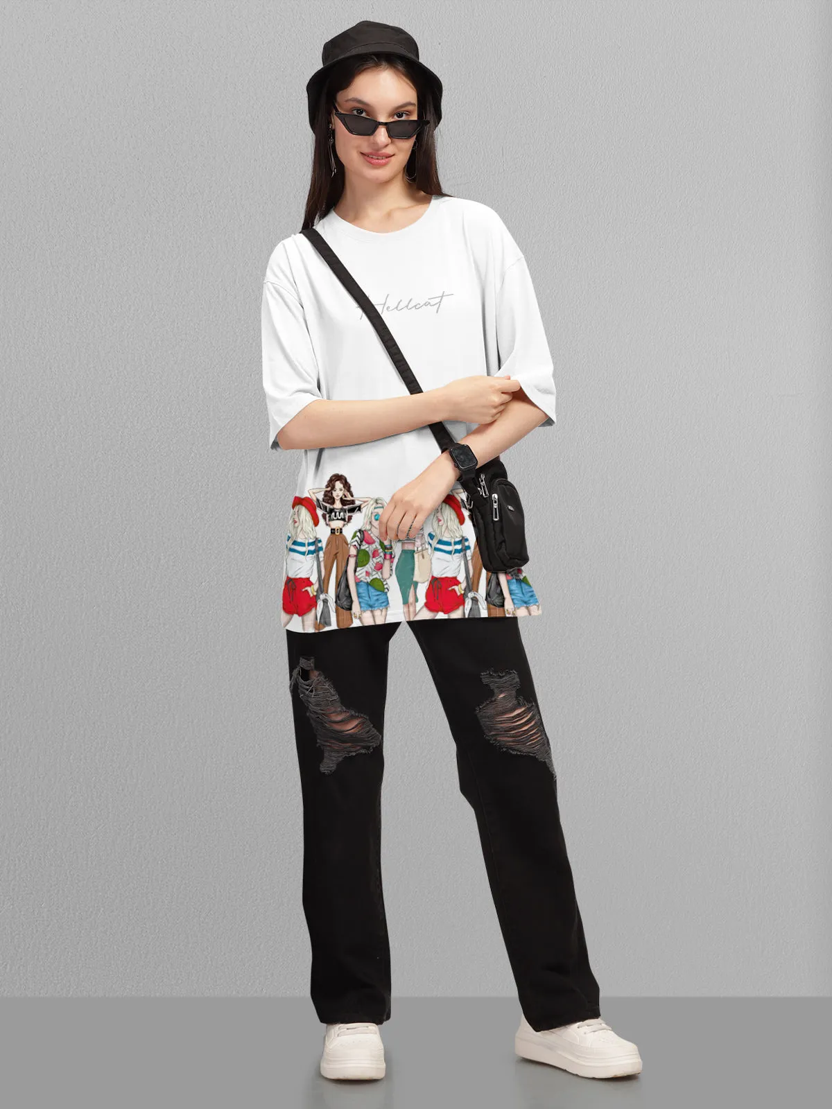 Trendy White Printed Oversized T-shirt for Women