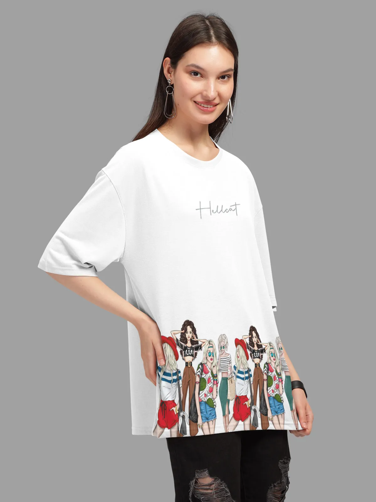 Trendy White Printed Oversized T-shirt for Women