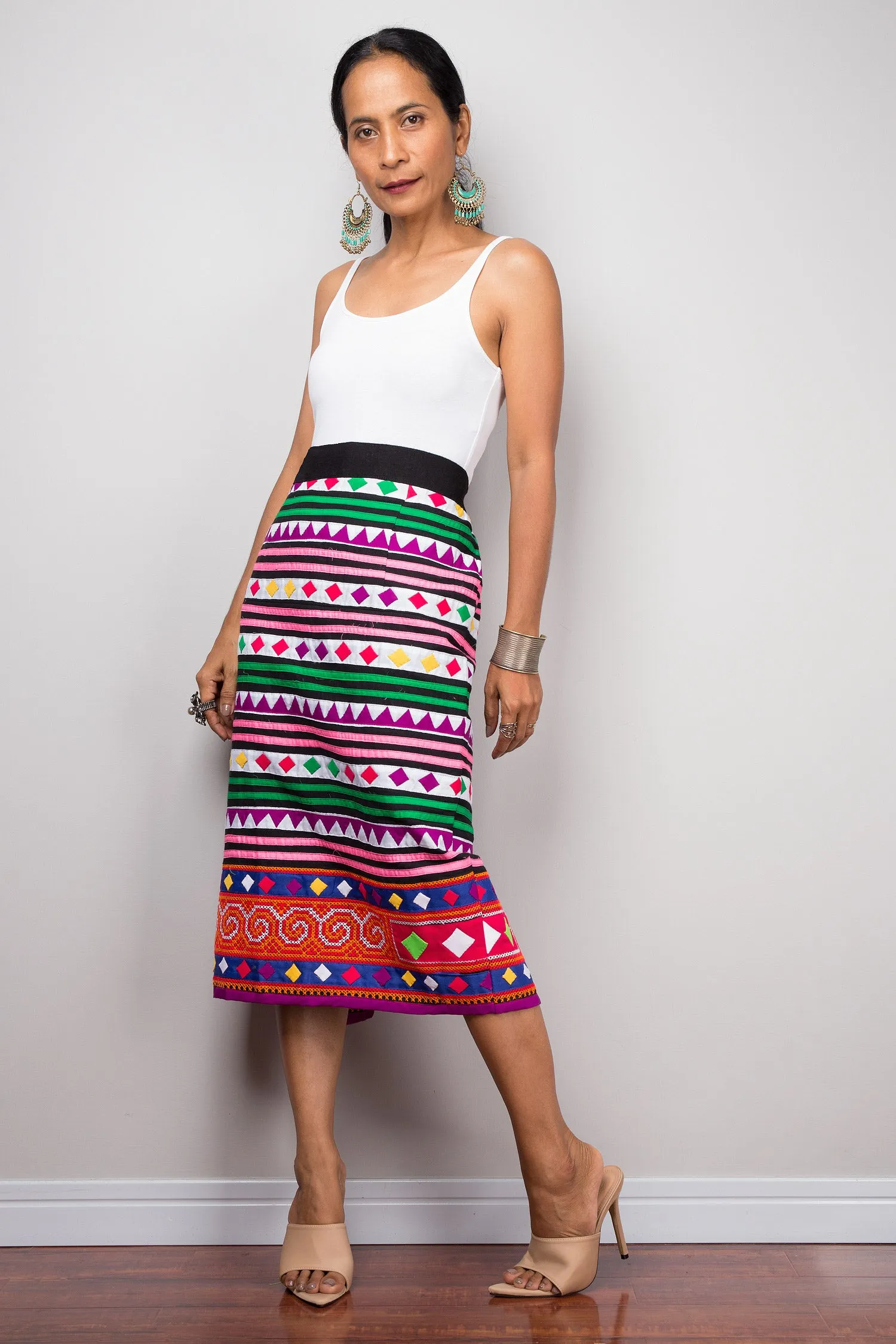 Tribal pencil maxi skirt | Up-cycled vintage Hmong fabric skirt