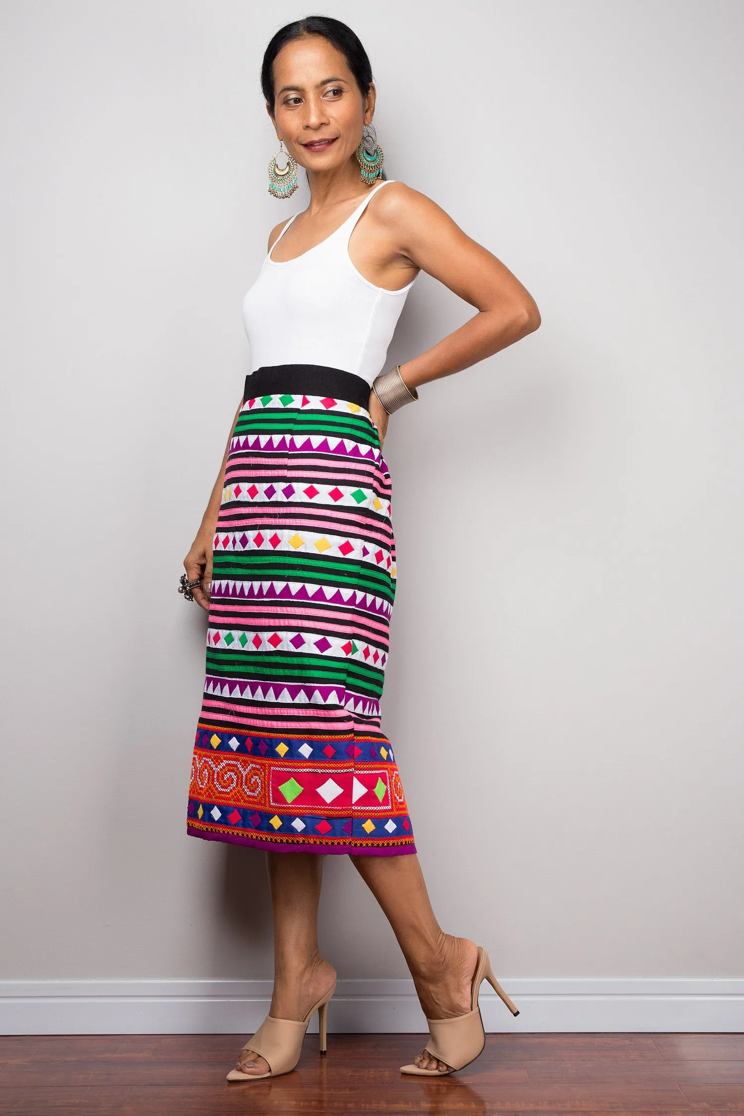 Tribal pencil maxi skirt | Up-cycled vintage Hmong fabric skirt