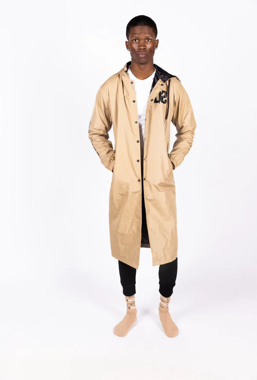 Unisex Long Hooded Coaches Jacket Tan Brown
