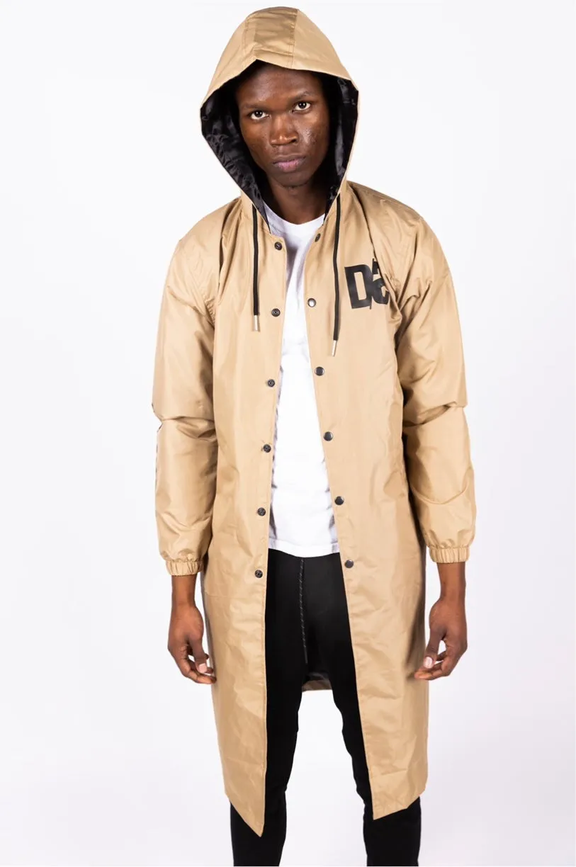Unisex Long Hooded Coaches Jacket Tan Brown